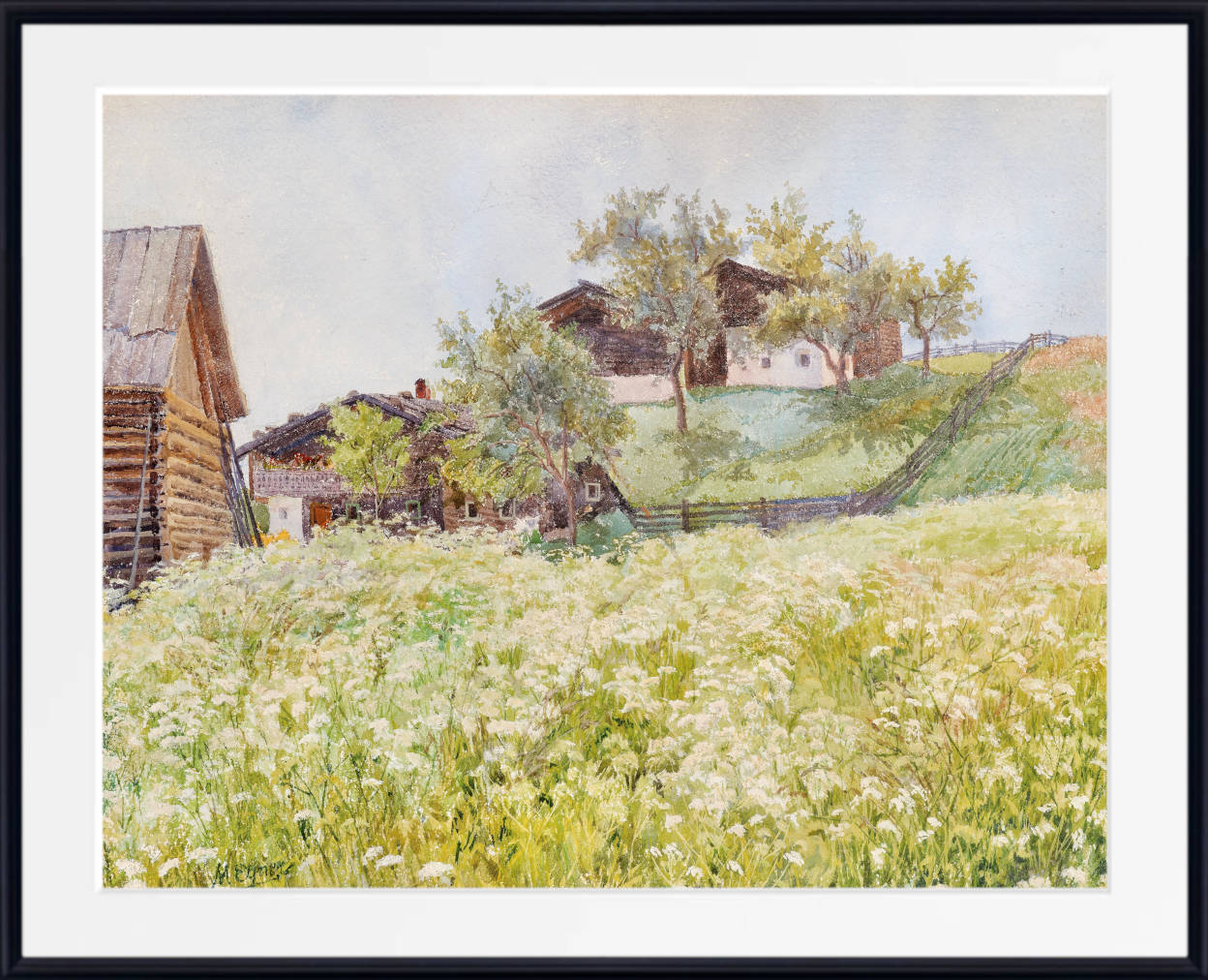 Marie Egner Print, Farm Houses, White Blooming Field