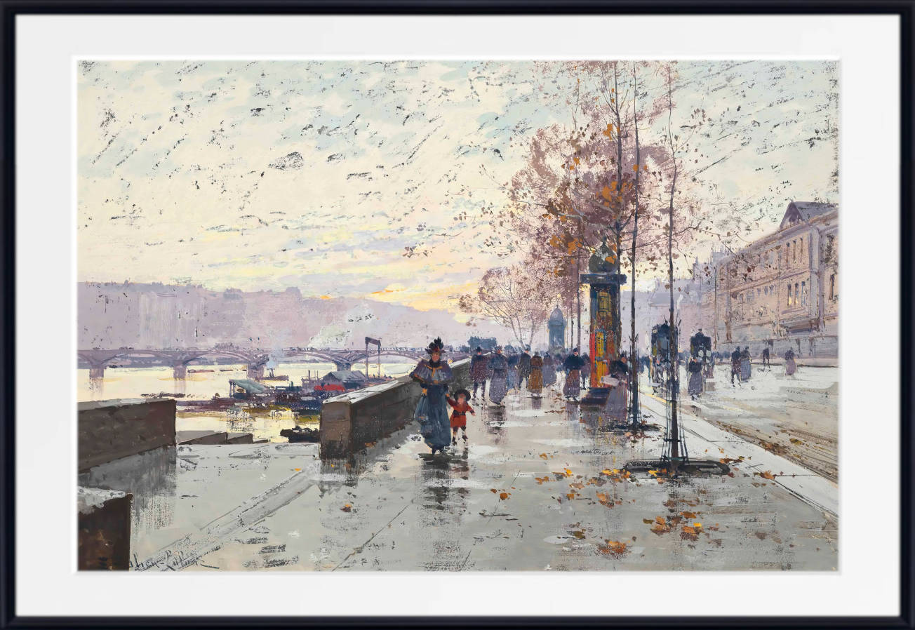 Eugène Galien-Laloue Print : Figures at the Quai de Louvre, Paris