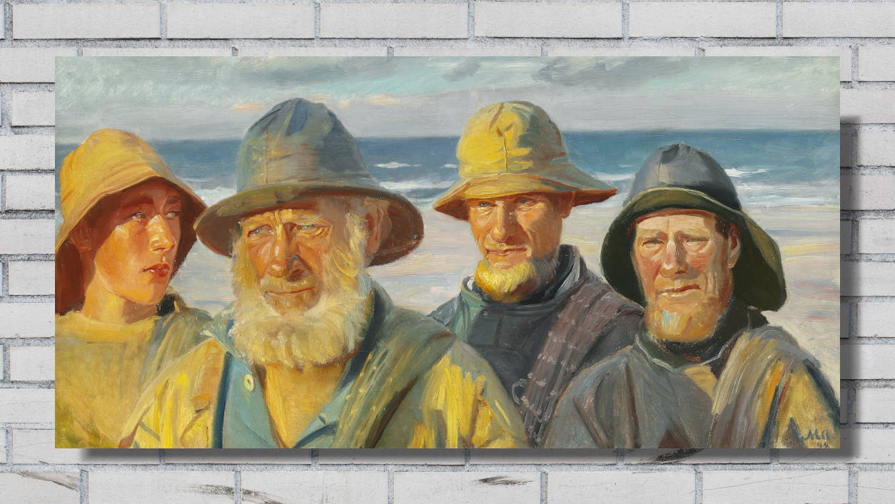 Michael Ancher Print, Four fishermen in the sunshine on Skagen Beach