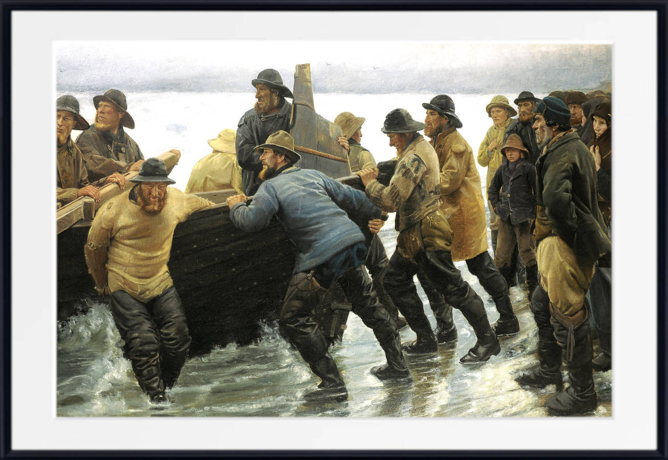 Michael Ancher Fine Art Print, Fishermen Launching a Rowing Boat