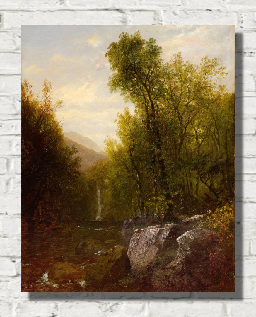 John Frederick Kensett Print, Fishing Near A Forest Waterfall (1870)