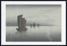 A framed art print depicting a Japanese-style seascape with a large sailboat on calm water under a pale sky, shown with a white mat and black frame.