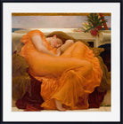 Flaming June, Frederic Leighton Fine Art Print  Framed art print of the classic painting 'Ophidia' by John William MacDonald, depicting a sleeping woman in a flowing orange gown, presented in a black frame with a white mat.