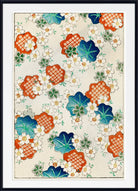 A framed art print featuring a traditional Japanese floral pattern with orange lattice-patterned flowers, teal and blue leaves, and small white blossoms on an off-white background, enclosed in a black frame with a white mat.