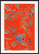 Framed Chinese-style art print featuring a vibrant red background with blue and metallic gold floral and scroll motifs, enclosed in a white mat and black frame.