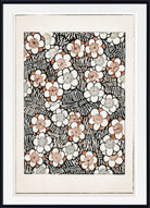 Framed floral art print featuring white and peach blossoms with black and white leafy patterns on a cream background, enclosed in a black frame with a white mat.