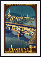 Vintage-style travel poster for Florence, showing the Ponte Vecchio bridge over a river at night, with the text 'CHEMINS DE FER PARIS-LYON-MÉDITERRANÉE' at the top and 'FLORENCE PAR LE TRAIN DE LUXE ROME-EXPRESS' at the bottom. The poster is framed with a white mat and black border.