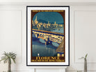 A framed vintage-style travel poster of Florence, Italy, hanging on a white wall above a white mantel with small potted plants at the bottom. The poster features an illustration of a bridge over a river with a city skyline under a night sky, with French text at the top and 'FLORENCE' at the bottom.
