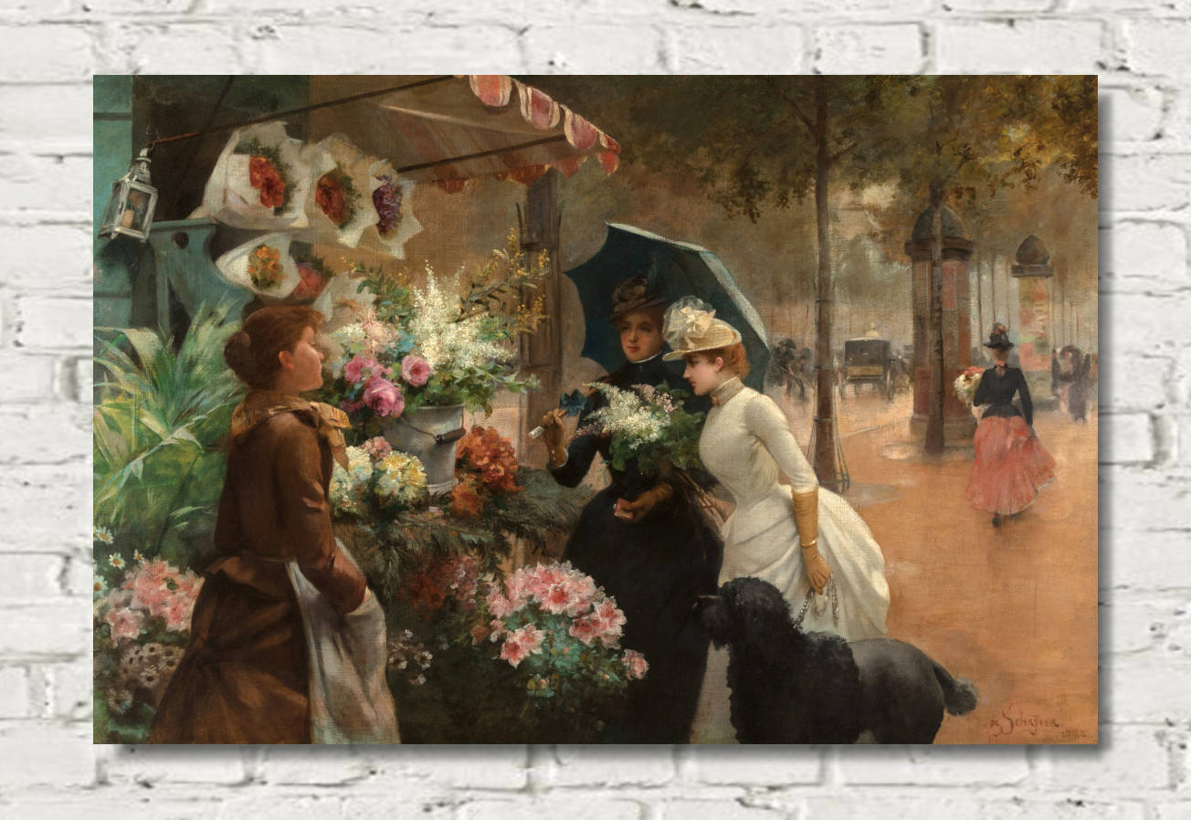 Louis Marie De Schryver Print, Flower Seller, Rainy Day (1888)