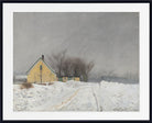 A framed winter landscape painting featuring a small yellow house, bare trees, and a snow-covered path under a gray sky, shown with a white mat and black frame.