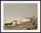 A framed art print depicting a coastal landscape with a solitary figure standing on a path near the shore, rendered in muted earthy tones under a pale sky.