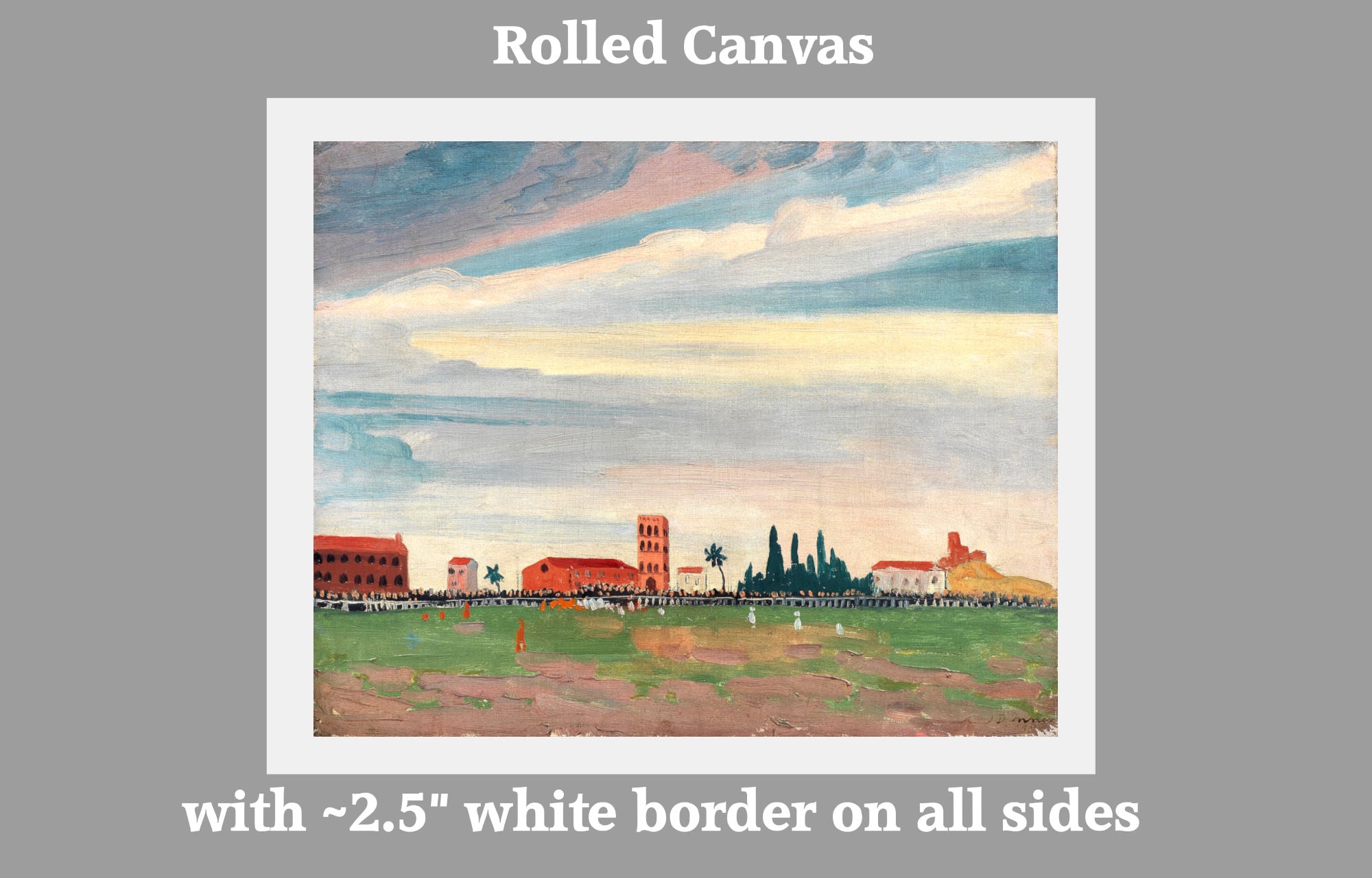 A rolled canvas art print preview on a gray background, showing a landscape painting with a white border and text reading 'Rolled Canvas' and 'with ~2.5" white border on all sides'.