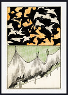 A framed art print featuring a Japanese-style illustration with a black and white bird pattern on a warm tan background in the top half, and a pale green and white tent-like scene with black linework in the bottom half, set within a white mat and black frame.