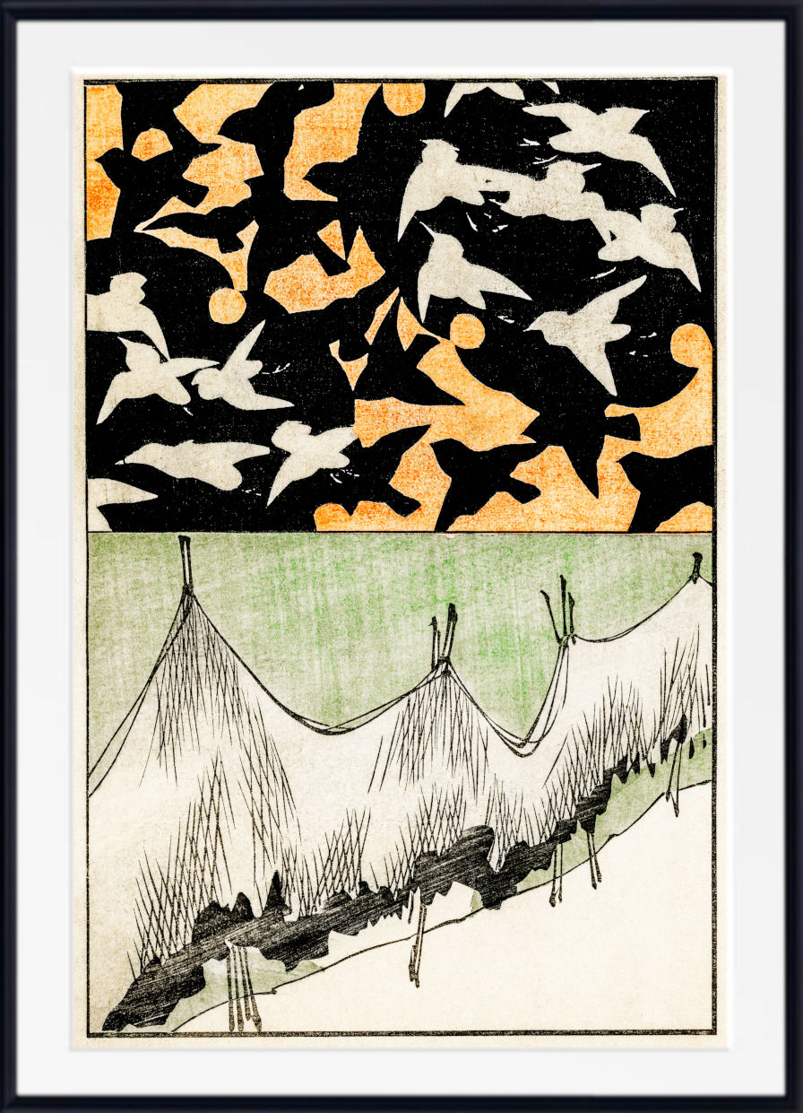 A framed art print featuring a Japanese-style illustration with a black and white bird pattern on a warm tan background in the top half, and a pale green and white tent-like scene with black linework in the bottom half, set within a white mat and black frame.