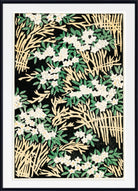 A framed botanical art print featuring white flowers and green leaves layered over cream-colored palm fronds on a black background, enclosed in a white mat and black frame.