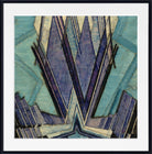 Framed abstract geometric wall art featuring sharp angular forms in shades of blue, purple, teal, and cream, presented in a black frame with a white mat.