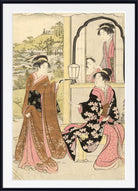 A framed Japanese-style art print depicting three women in traditional robes, with one seated woman in a black floral kimono and pink skirt, another standing in a brown robe, and a third visible in a mirror reflection. The print is shown with a white mat and black frame.