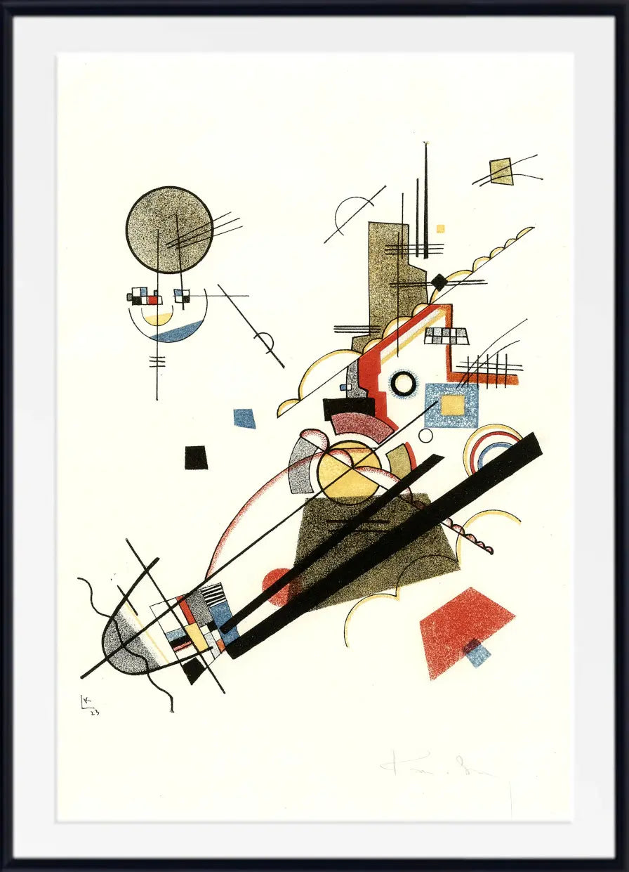 An abstract geometric art print featuring a mix of black, red, yellow, blue, and brown shapes on an off-white background, presented in a white mat and a black frame.
