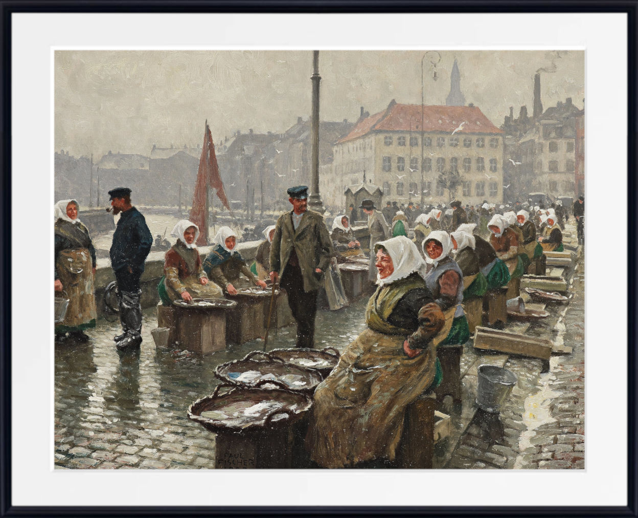 A framed historical painting depicting a bustling fish market scene with people gathered around stone basins of fish on a cobblestone street, with buildings in the background. The artwork is presented with a white mat and a black frame.