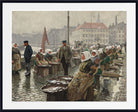 A framed historical painting depicting a bustling fish market scene with people gathered around stone basins of fish on a cobblestone street, with buildings in the background. The artwork is presented with a white mat and a black frame.