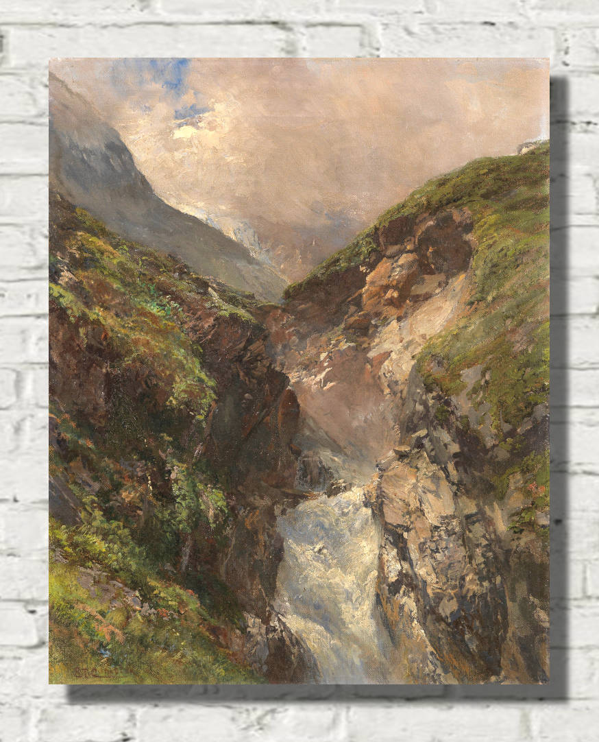 Edward Compton Print, Mountain gorge with roaring waterfall 