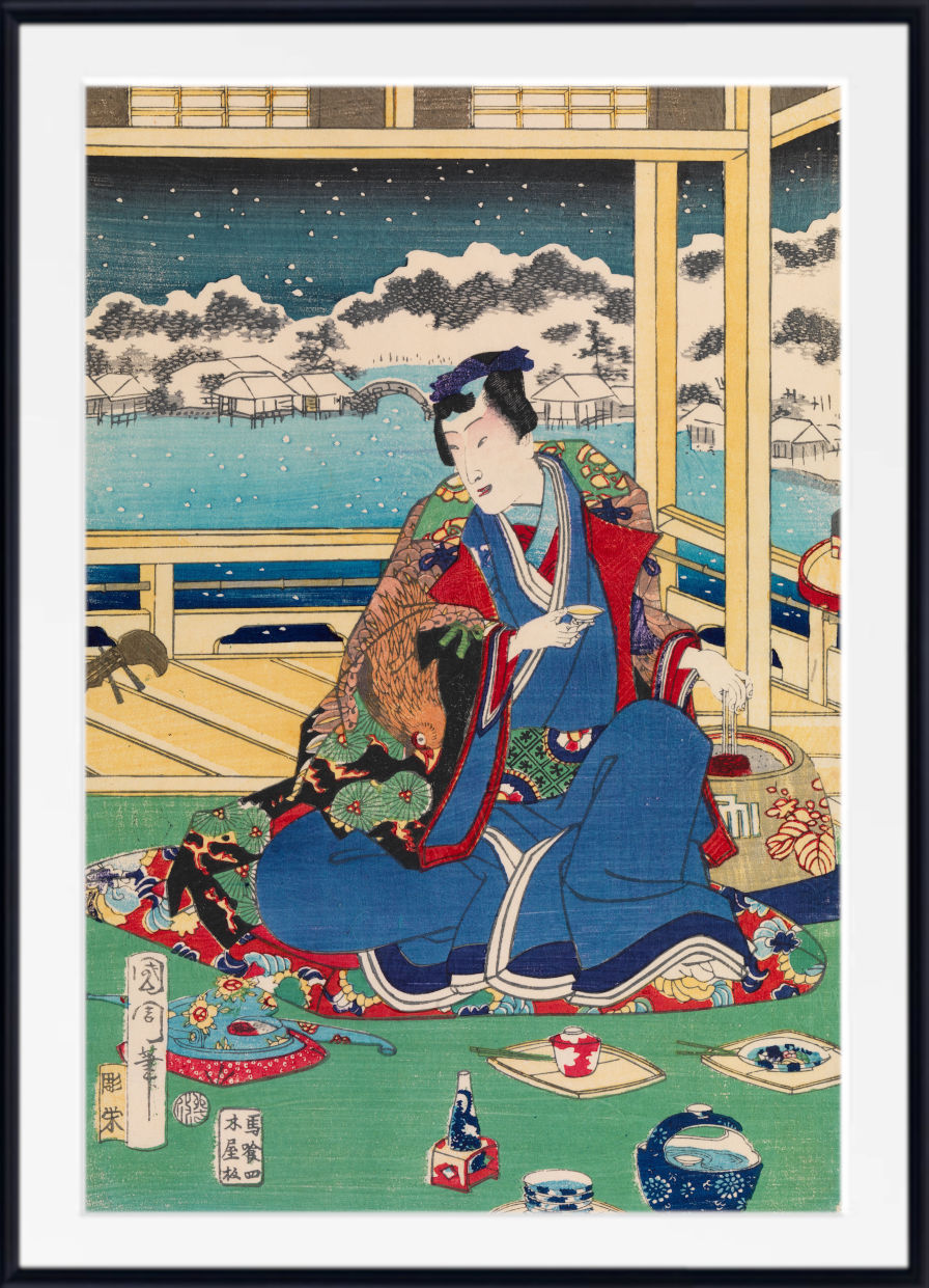 A framed Japanese ukiyo-e woodblock print depicting a seated woman in a blue and red kimono indoors, with a snowy outdoor scene visible through the window behind her. The print is shown with a white mat and black frame.