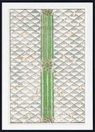 A framed art print featuring a symmetrical geometric design with a central vertical green stripe, diamond patterns, and scattered small peach-colored leaf shapes, presented in a white mat and black frame.