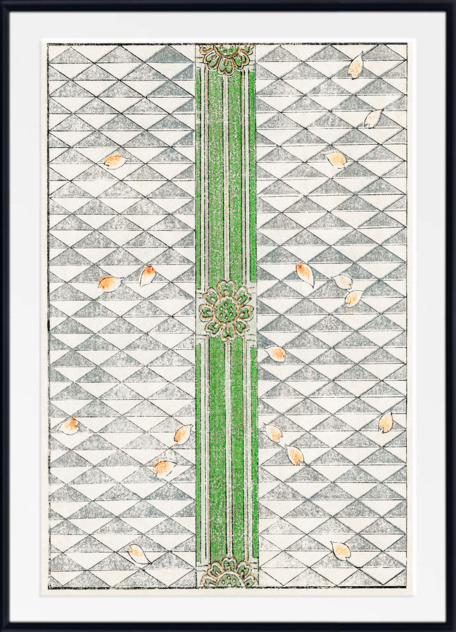 A framed art print featuring a symmetrical geometric design with a central vertical green stripe, diamond patterns, and scattered small peach-colored leaf shapes, presented in a white mat and black frame.