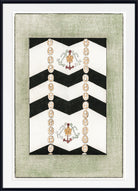 A framed art print featuring a vertical chevron pattern in black and white with decorative gold and red crest details, set against a textured sage green background with a white mat and black frame.