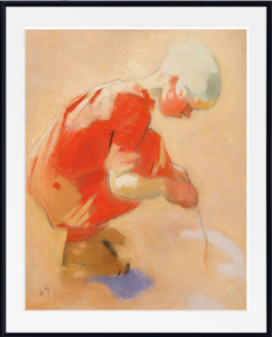 A framed painting depicting a person in a red shirt and white cap, rendered in a loose, impressionistic style with warm beige and orange tones, set against a clean white background.