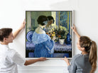 Frederick Carl Frieseke – Girl in Blue Arranging Flowers (1915) Fine Art Prints From GalleryThane