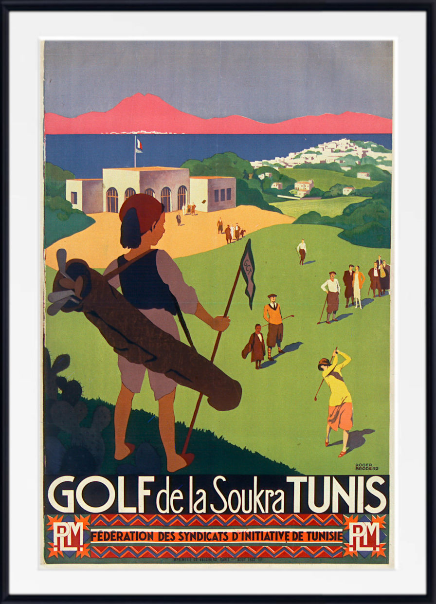 A framed vintage-style travel poster for 'GOLF de la Soukra TUNIS' hangs on a white wall above a mantel, flanked by small potted plants. The poster features retro illustration art of people playing golf on a green hillside with mountains and a pink sky in the background.