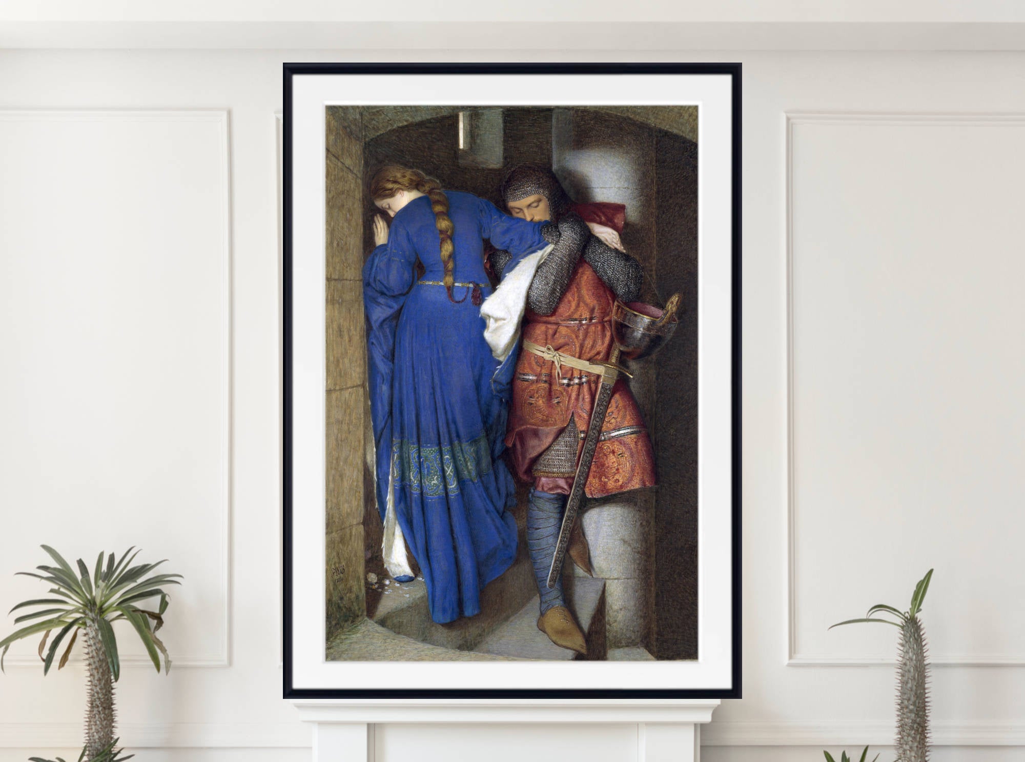 Frederic William Burton Fine Art Print, Hellelil and Hildebrand, the Meeting on the Turret Stairs, Gallery Edition  in black frame with white mount