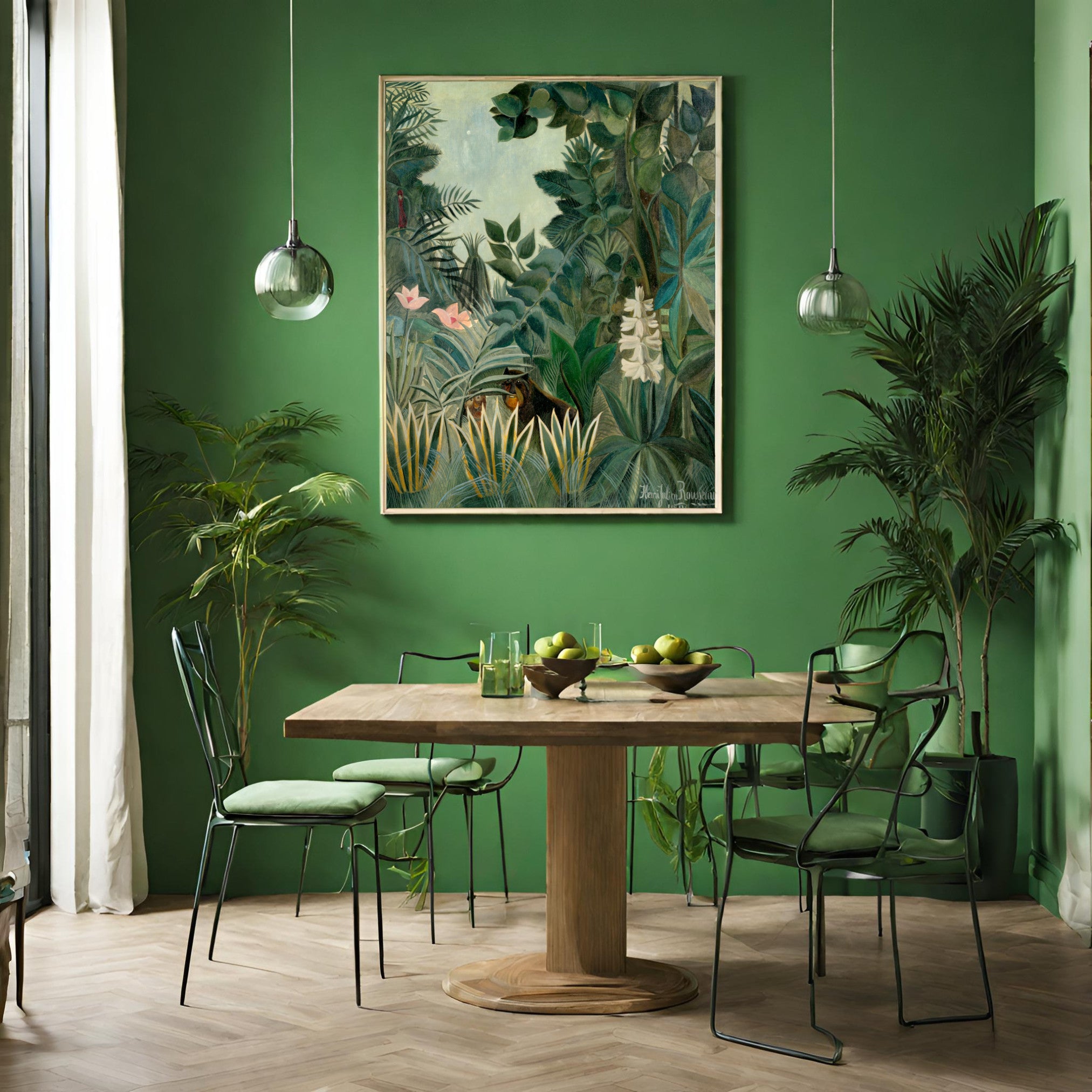 Henri Rousseau print in green dining room