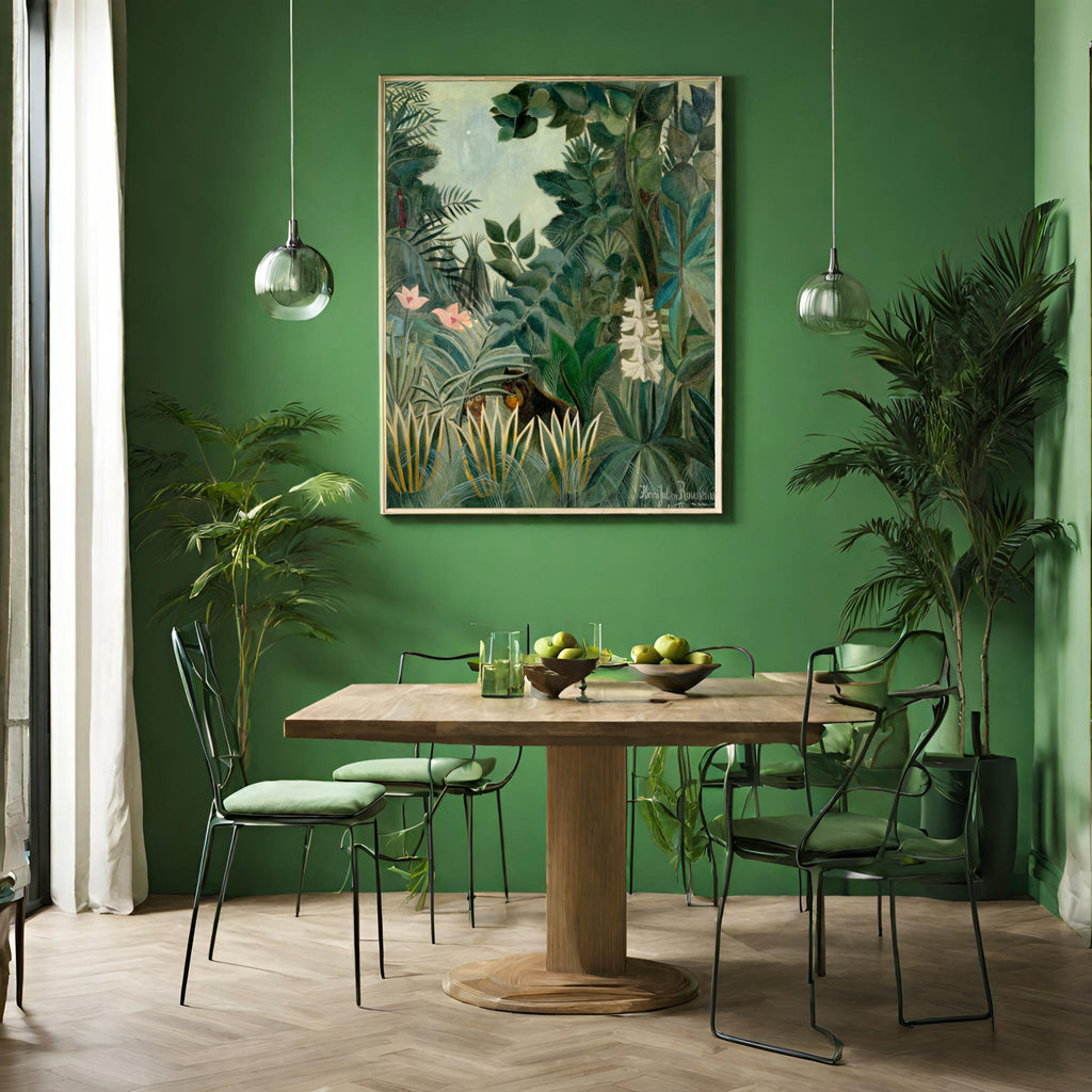 Henri Rousseau print in green dining room