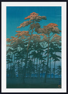 A framed Japanese-style art print depicting a forest of tall trees under a deep blue sky, with the trees showing warm orange and brown foliage. The print is presented with a white mat and a simple black frame.