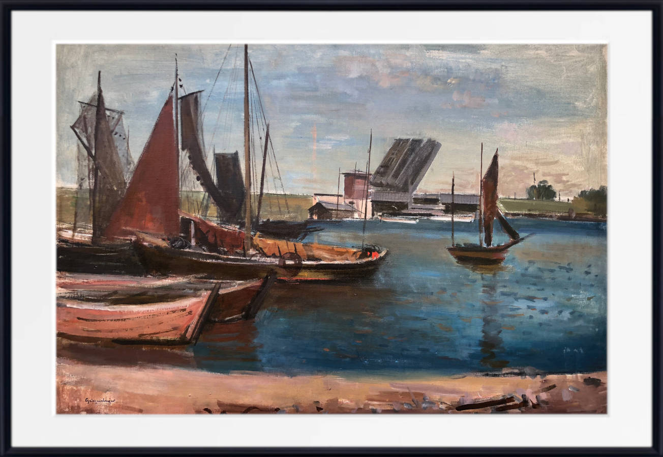 Otto Geigenberger Print, Dutch harbor with drawbridge and fishing boats