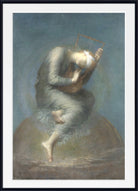 George Frederic Watts Fine Art Print, Hope A framed art print featuring a classical painting of a woman seated on a stone, playing a lyre, with a white mat border and black frame.