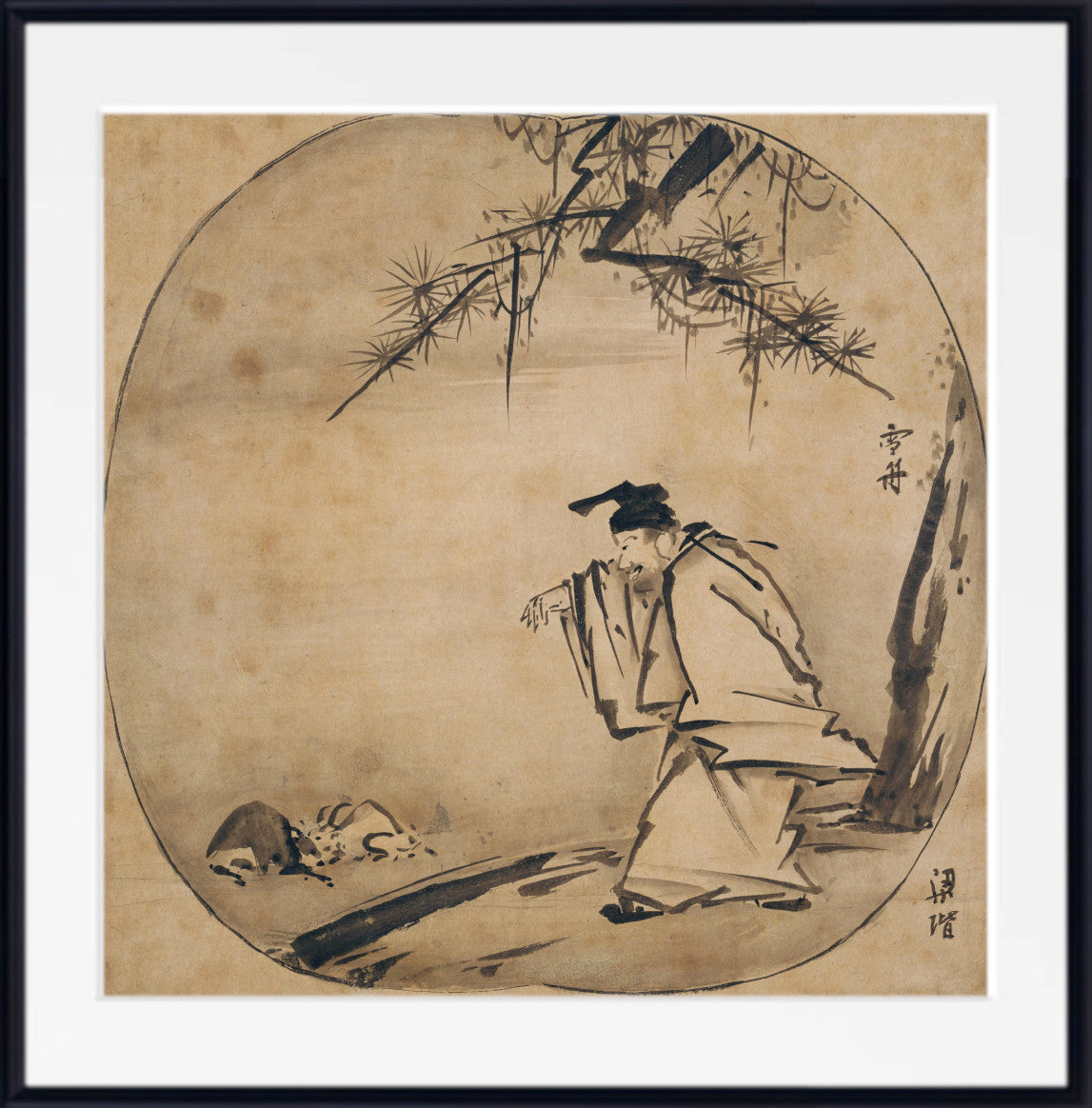 A framed Japanese-style ink painting on aged beige paper, showing a robed figure standing under pine branches inside an oval composition, with a white mat and black frame around it.