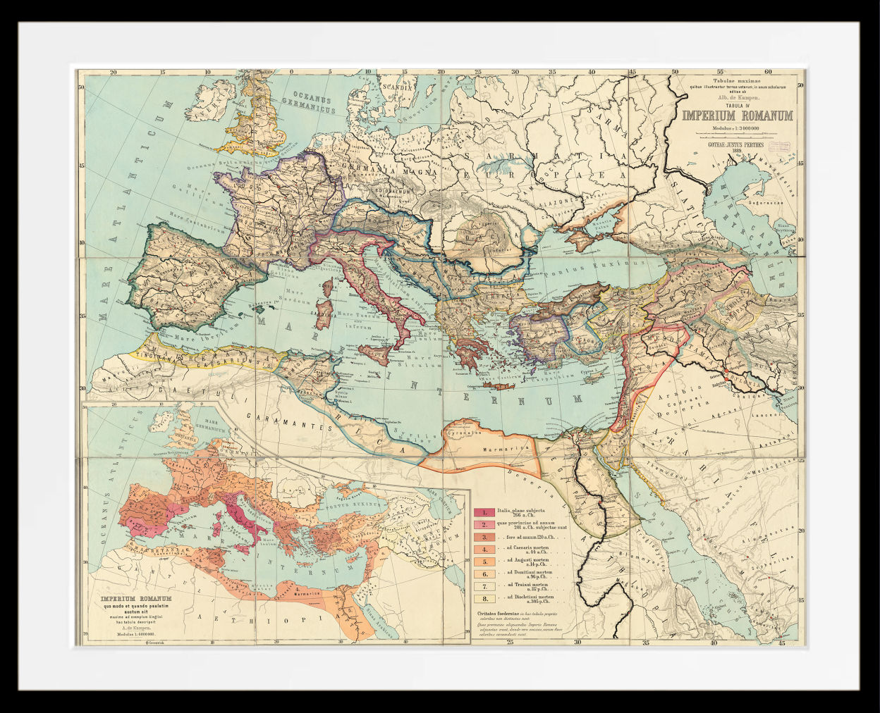 A vintage-style map print of the Roman Empire, shown with a wide white mat and a black frame. The map features various regions colored in muted beige, green, blue, and red tones with fine black line details and a legend in the lower right corner.