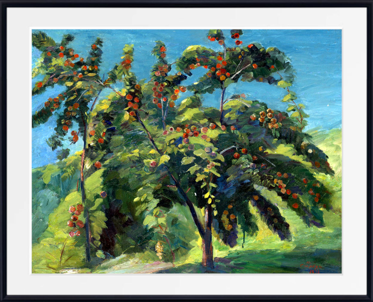 An impressionistic oil painting of tropical trees with green foliage and clusters of red-orange fruit, set against a bright blue sky, presented in a white mat and black frame.