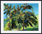 An impressionistic oil painting of tropical trees with green foliage and clusters of red-orange fruit, set against a bright blue sky, presented in a white mat and black frame.