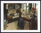 A framed art print of the classic painting 'Three Women in a Bedroom' by John William Mead, depicting three women in a dimly lit bedroom with a bed, table, and windows.