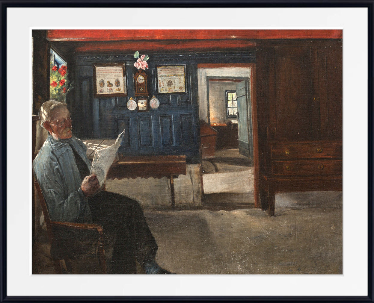 A framed oil painting depicting an elderly man sitting in a chair and reading a newspaper inside a dimly lit room with dark wood paneling, a blue door, and an open doorway leading to another room.