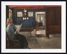 A framed oil painting depicting an elderly man sitting in a chair and reading a newspaper inside a dimly lit room with dark wood paneling, a blue door, and an open doorway leading to another room.