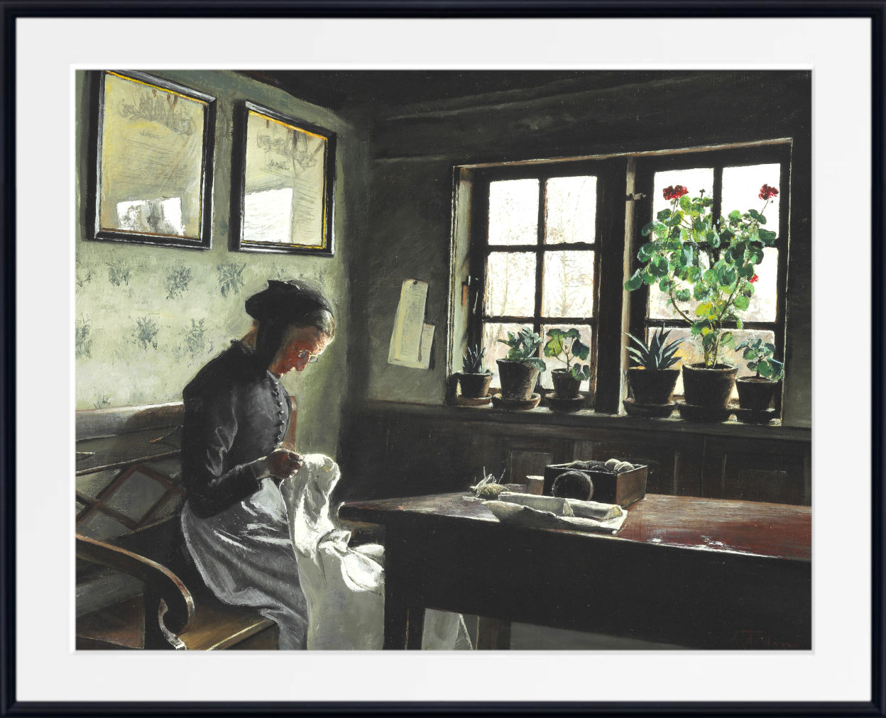 A framed art print depicting a classic oil painting of a woman in a dark dress sitting by a window with potted plants, shown with a wide white mat and black frame.