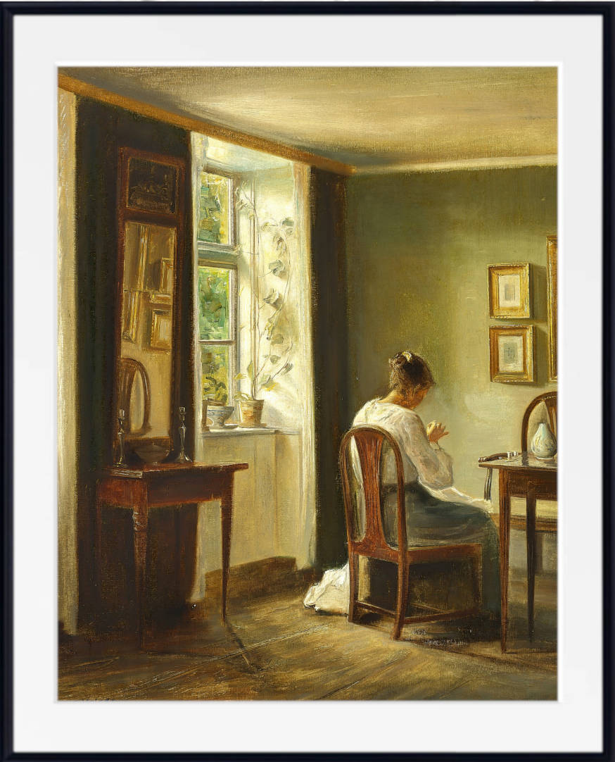 Carl Holsøe Print, Interior with woman sewing by the window