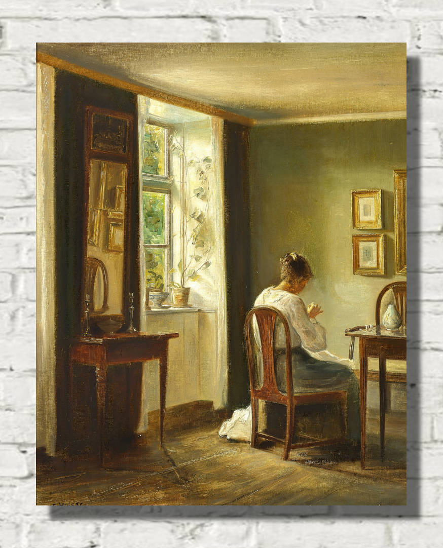 Carl Holsøe Print, Interior with woman sewing by the window