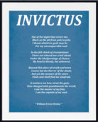 A framed text print featuring William Ernest Henley's poem 'Invictus' in white lettering on a blue background, shown with a white mat and black frame.