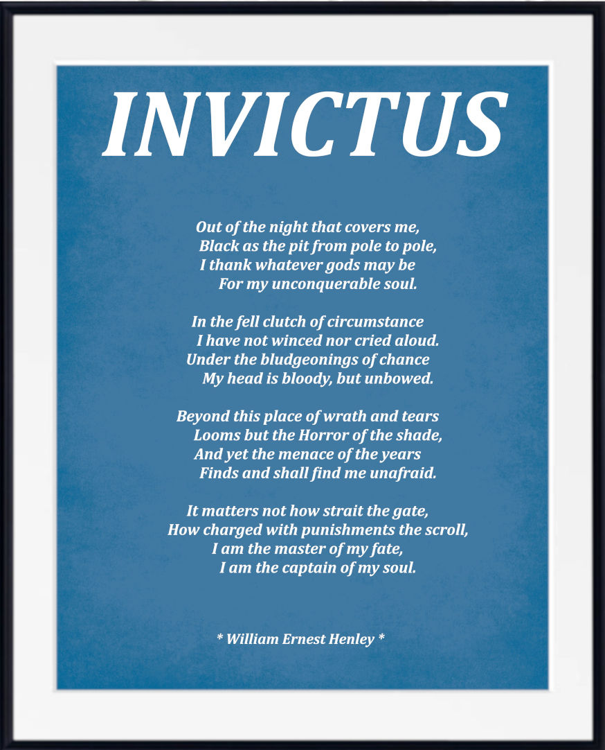 A framed text print featuring William Ernest Henley's poem 'Invictus' in white lettering on a blue background, shown with a white mat and black frame.